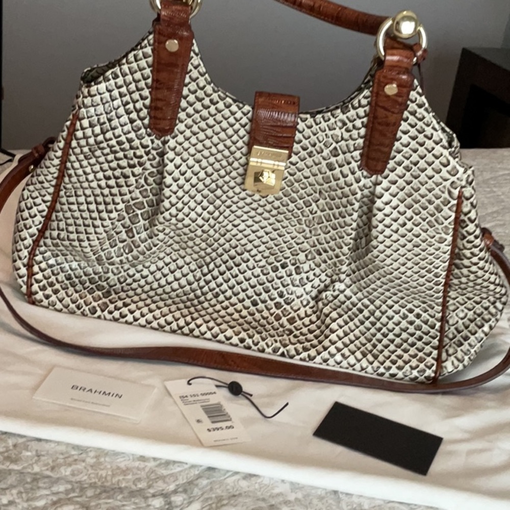 Brahmin White and Brown Shoulder Bag with Structured Design